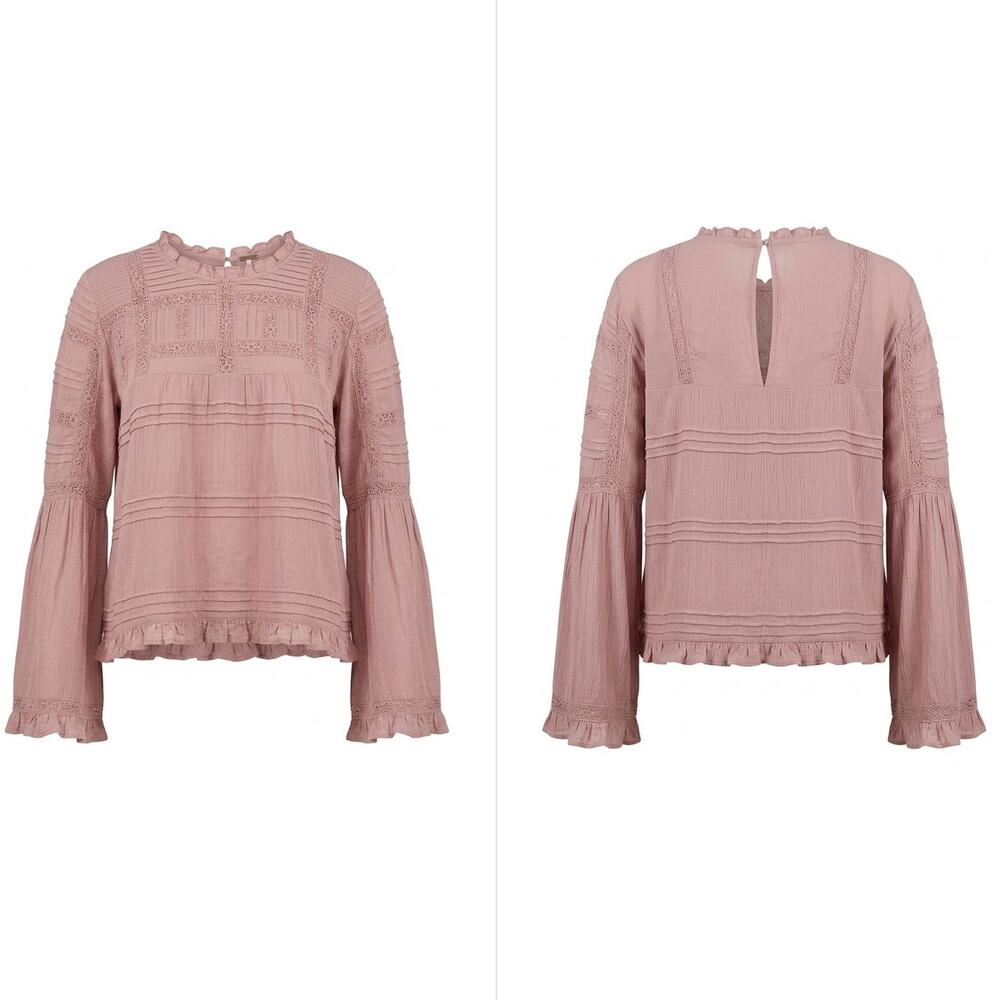 Free People Pink Lace Trim Bell Sleeve Ruffle Blouse Women Size XS